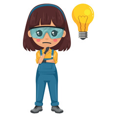 Maintenance technician expressing doubt. Focus representing an idea. Concept for the generation of ideas. Handy woman focused on maintenance tasks, repairs in industrial and domestic environments