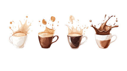 Four cups of coffee with splashes in varying shades of brown, isolated on a white background, perfect for beverage-related designs.