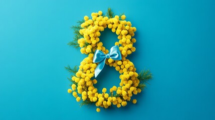 Obraz premium Celebrate International Women's Day on March 8th! Create a vibrant poster or postcard featuring yellow mimosa flowers forming the number 