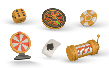 Realistic 3d casino game concept. Slot machine, roulette wheel, wheel of fortune, playing cards, poker chips, dice. Gambling concept. Vector illustration