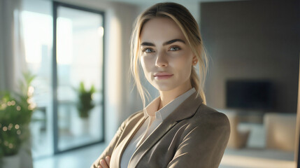 Confident Young Businesswoman Smiling in Modern Office Portrait