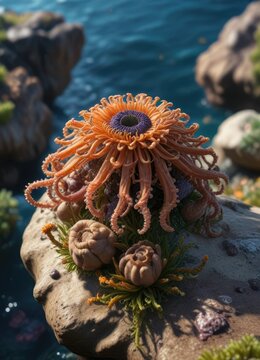 Brown beadlet anemone with opened tentacles attached to a rock in the ocean, rock, underwater