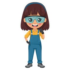 Maintenance technician with thumb up. Handy woman with personal protective equipment, safety glasses, overalls and gloves, focused on maintenance, repairs in industrial and domestic environments