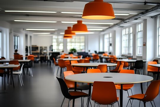 Modern Office Dining Area with Orange Accents