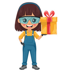 Maintenance technician with gift box. Handy woman with personal protective equipment, safety glasses, overalls and gloves, focused on maintenance tasks, repairs in industrial and domestic environments