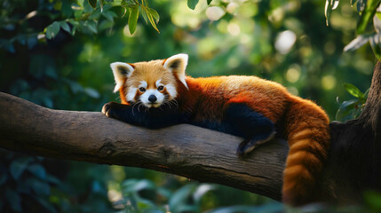 Fototapeta premium Cute Red Panda Resting in Tree Surrounded by Lush Greenery in Natural Habitat