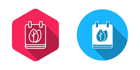 Filled and outline Calendar with autumn leaves icon isolated with long shadow background. Vector