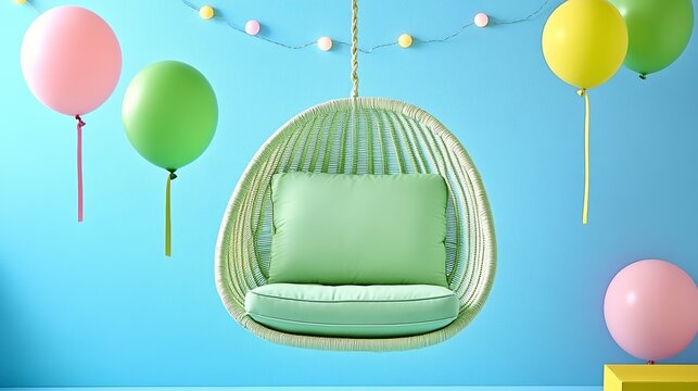 A dreamy Cutecore bedroom with pastel balloon decor a hanging chair with soft cushions and twinkling string lights across the ceiling 