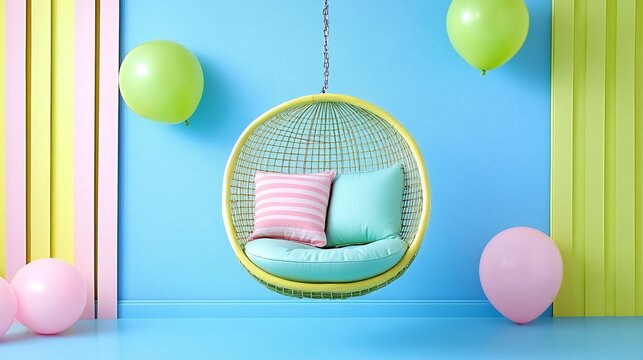 A dreamy Cutecore bedroom with pastel balloon decor a hanging chair with soft cushions and twinkling string lights across the ceiling 