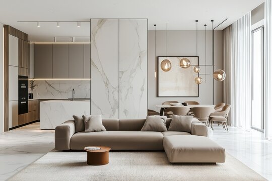 National Decorating Month Modern minimalist living room and kitchen interior design with marble accents