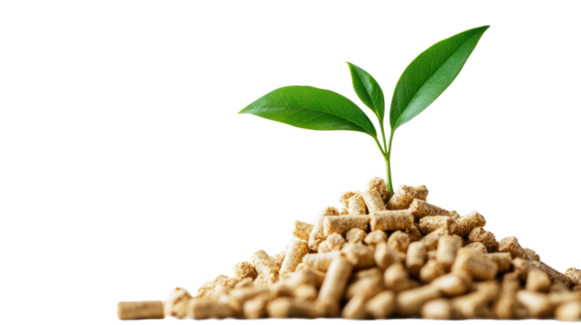 Fresh green plant sprouting from a mound of natural pellets, symbolizing growth and sustainability, isolated on a white background.