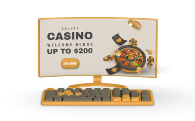 Realistic 3d casino game concept. Roulette wheel, Pc monitor, keyboard, dice, golden coin in cartoon style. Gambling concept. Vector illustration