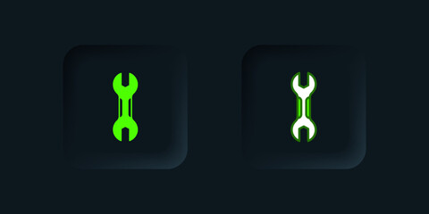 Green Wrench spanner icon isolated on black background. Spanner repair tool. Service tool symbol. Black square button. Vector