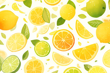Colorful assortment of lemons and limes scattered on a white background, showcasing freshness and vibrancy