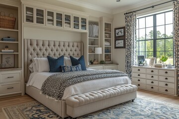 Fototapeta premium Serene and Luxurious Master Bedroom Interior Design with Built-in Storage and Elegant Decor