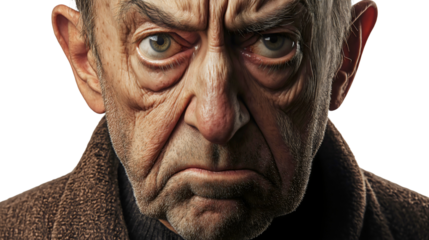 Elderly Man Close-Up Portrait with Angry Expression and Intense Gaze in Dramatic Lighting