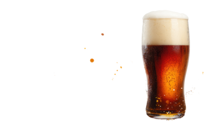 Glass of refreshing amber beer with frothy head, isolated on a white background, perfect for showcasing beverage options.