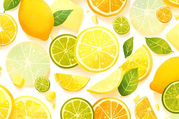 Colorful arrangement of citrus fruits including lemons, limes, and oranges with leaves on a white background