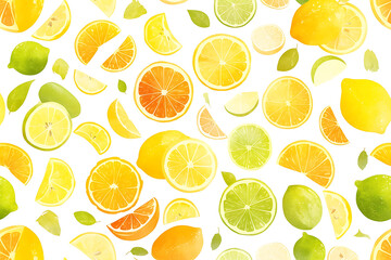A vibrant collection of citrus fruits including lemons, limes, and oranges scattered on a white background