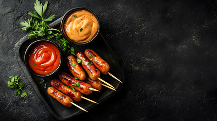 Mini cocktail sausages on toothpicks served with dipping sauces on dark background. sausages are garnished with herbs, and sauces include rich tomato and creamy mustard dip