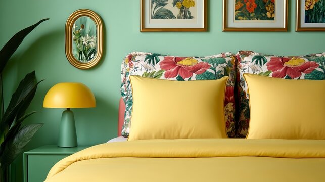 A maximalist bedroom adorned with layers of patterned bedding ornate mirrors and a gallery wall of vintage art in gold frames rare Vintage maximalism cozy elegance 