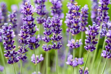 Obraz premium A close-up view of vibrant lavender flowers in full bloom, showcasing their rich purple hues and lush green stems.