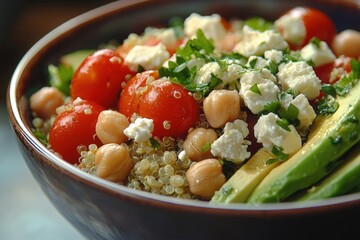 Fresh Quinoa salad with tomatoes, chickpeas, avocado and feta cheese, closeup, Generated AI
