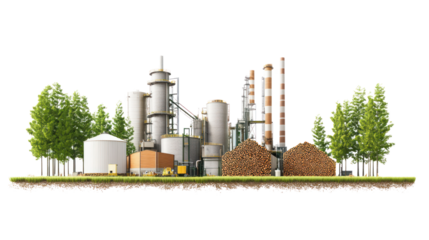 Industrial complex with storage tanks, smokestacks, and processing facilities surrounded by trees on a white background.