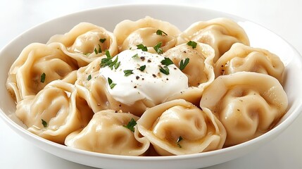 A plate of pelmeni dumplings topped with melted butter sour cream and freshly ground black pepper served in a cozy kitchen setting rare classic Soviet Union food comforting dish 