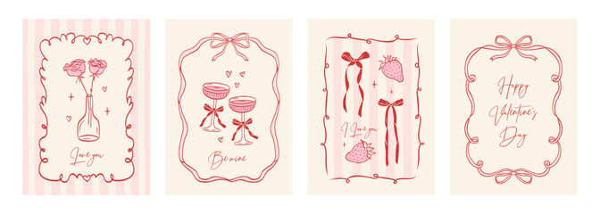 Set of vintage coquette greeting cards for Valentine's Day. Hand drawn whimsical frames with elegant bows and ribbons. Template for poster, banner, wedding invitation, birthday card.