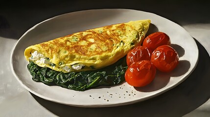 Fresh Spinach and Feta Omelet Served with Roasted Tomatoes on a White Plate
