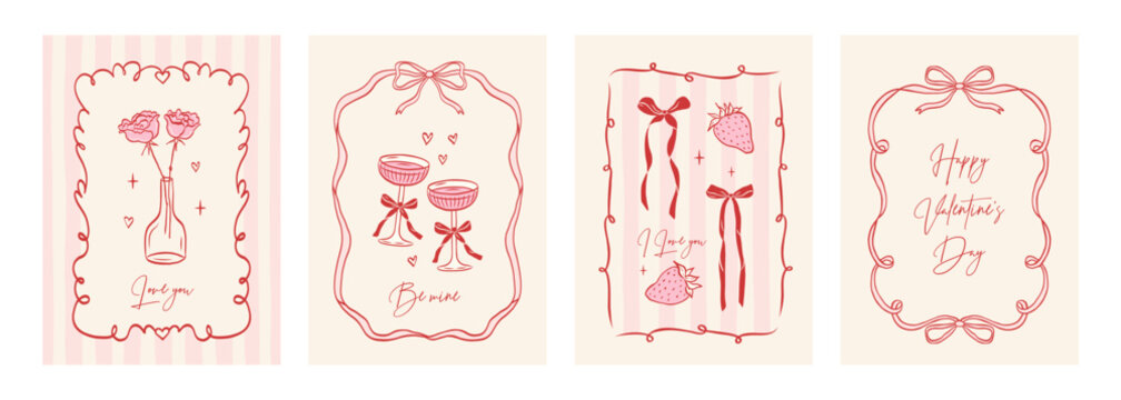 Set of vintage coquette greeting cards for Valentine's Day. Hand drawn whimsical frames with elegant bows and ribbons. Template for poster, banner, wedding invitation, birthday card.