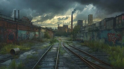Fototapeta premium Desolate urban landscape with abandoned railway tracks, graffiti-covered walls, and decaying industrial buildings under stormy skies, capturing a moody, post-apocalyptic atmosphere