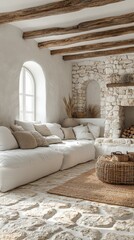 Serene Living Room with Rustic Stone Fireplace and Comfortable White Sectional Sofa