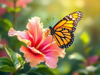 Obraz premium Vibrant Monarch Butterfly on Pink Hibiscus Flower