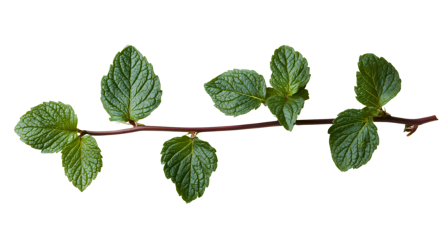 Close-up of vibrant green mint leaves and stems isolated on a white background, showcasing fresh, organic, and aromatic botanical beauty for culinary use
