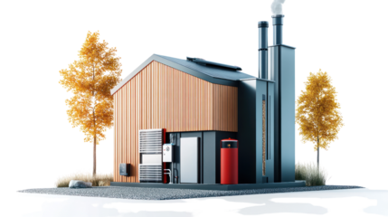 Modern eco-friendly building with wooden elements and industrial features, surrounded by autumn trees against a white isolate background.