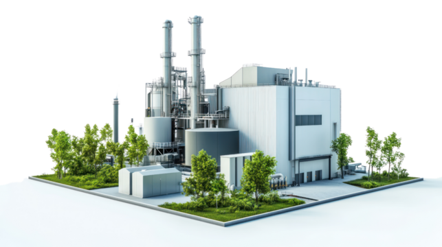 Modern industrial facility with large structures, smokestacks, and greenery surrounding it, isolated on a white background.
