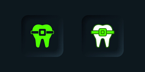 Green Teeth with braces icon isolated on black background. Alignment of bite of teeth, dental row with with braces. Dental concept. Black square button. Vector