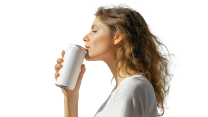 Smiling Woman with Curly Hair Enjoying a Refreshing Beverage from a Can, Captured in a Fashionable, Elegant Close-Up Portrait Against a White Background