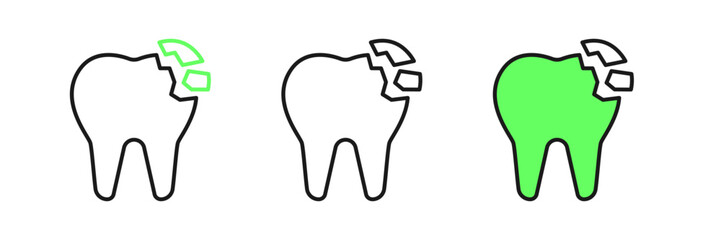 Set line Broken tooth icon isolated on white background. Dental problem icon. Dental care symbol. Vector