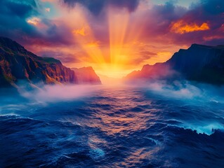 Fototapeta premium Dreamlike coastal scene with swirling mist enveloping towering sea cliffs, creating a mysterious and atmospheric seascape view.