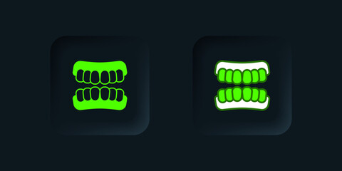 Green Dentures model icon isolated on black background. Teeth of the upper jaw. Dental concept. Black square button. Vector © Iryna