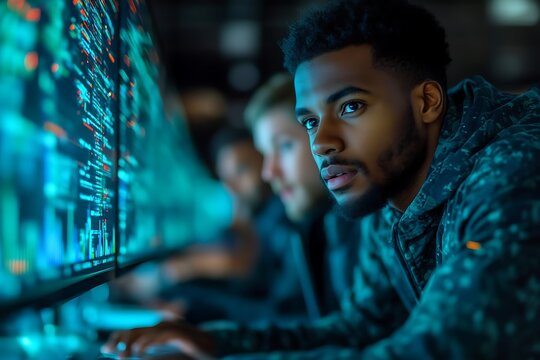 Focused young man analyzing data on large screen.
