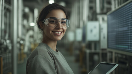 Young woman in protective eyewear smiles while using a tablet in a high-tech factory environment during the day. Generative AI