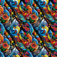 Curly hand painted seamless patterns with waves and abstract shapes, clean bold colors