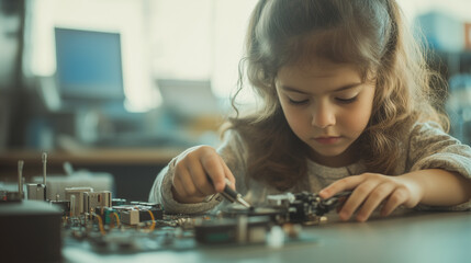 Young girl engages in hands-on learning with electronics in a classroom setting, exploring technology and creativity. Generative AI