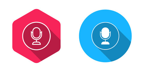 Filled and outline Microphone icon isolated with long shadow background. On air radio mic microphone. Speaker sign. Vector