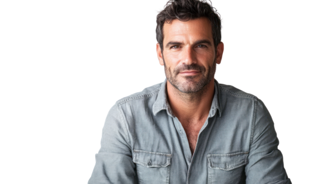 Portrait of a confident man in a casual gray shirt, with a friendly smile and a natural look, representing modern masculinity and individuality.