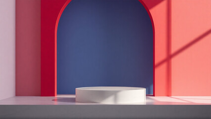 Beauty product podium with red and blue room background